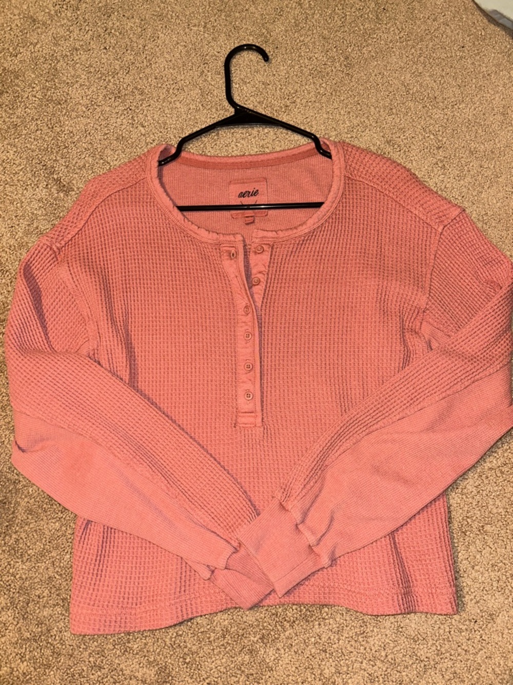 Aerie Women's Pink/Red Waffle-Knit Henley Long Sleeve Top